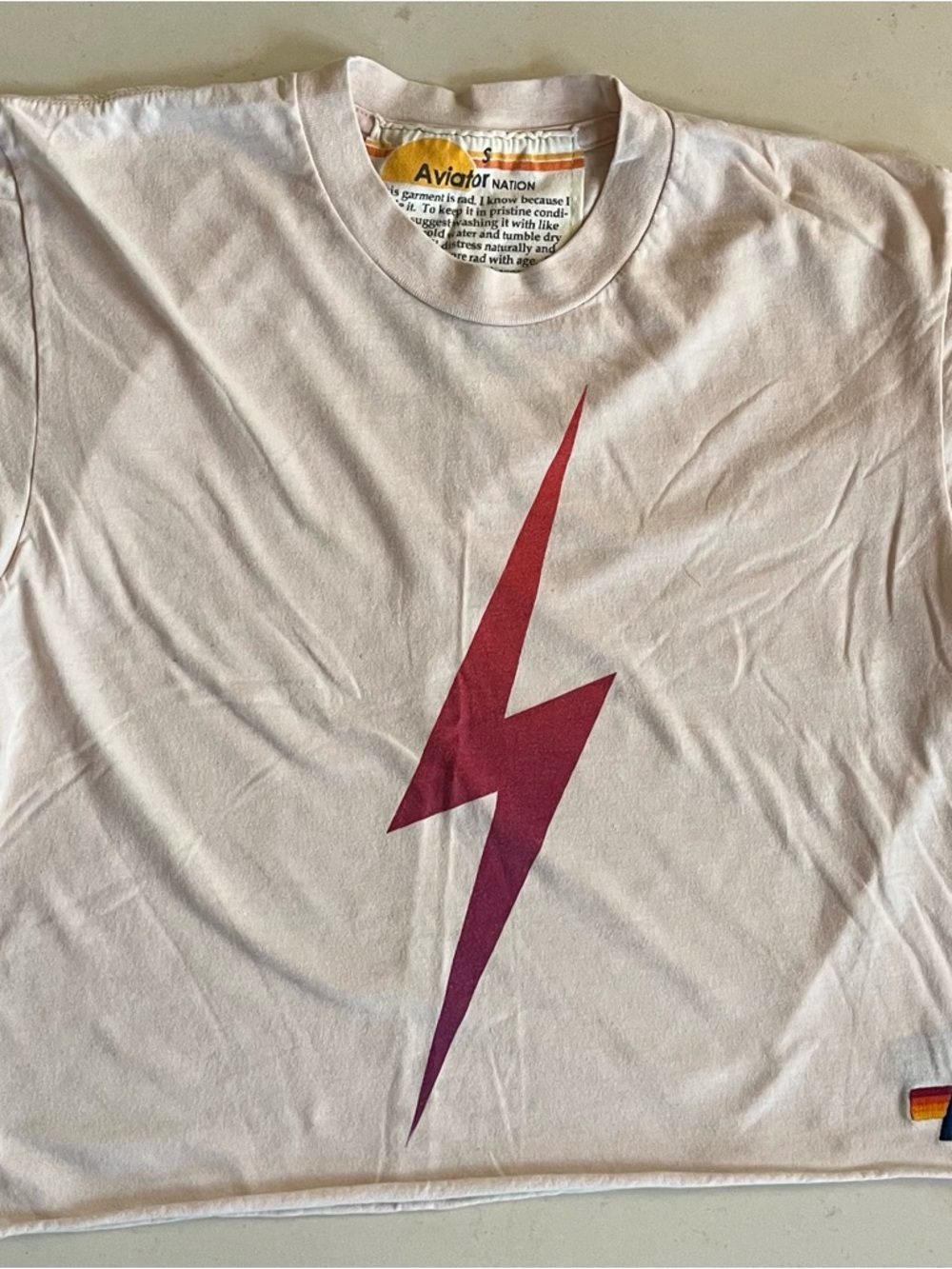 Aviator Nation Cream Cropped Boxy Tee with Burgundy Lightning Accent